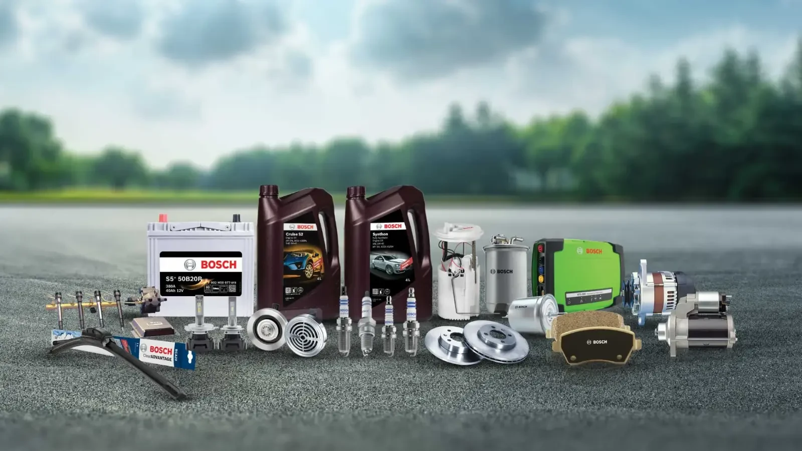 A selection of car accessories displayed around a vehicle